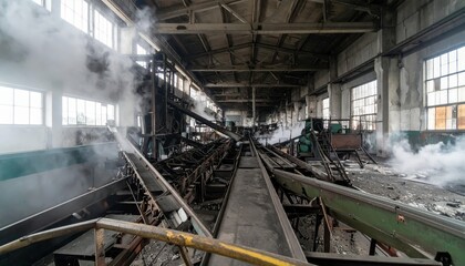Fototapeta premium Industrial Warehouse with Machinery and Steam in Abandoned Setting