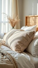 Sunlit cozy bedroom with white and beige bedding featuring soft pillows and a wooden headboard