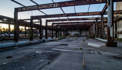 Abandoned Industrial Warehouse with Rusty Steel Frame and Overgrown Grass