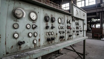 Abandoned Industrial Control Panel in a Decaying Warehouse Setting