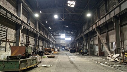 Abandoned Industrial Warehouse Interior with Empty Space and Debris