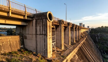 Fototapeta premium Concrete dam structure with scenic view and sunset lighting