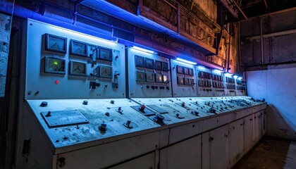 Obraz premium Control Room System with Vintage Panels and Dim Industrial Lighting