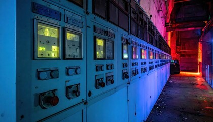 Industrial Control Room with Colorful Lighting and Technology Elements