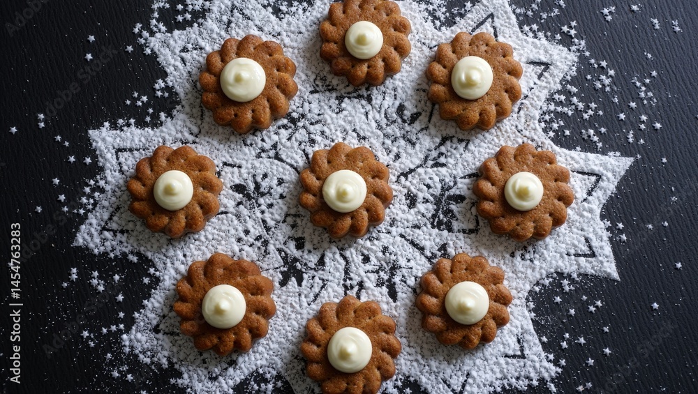 Poster A collection of round cookies decorated with white icing, arranged in a circular pattern on a black surface, sprinkled with sugar.