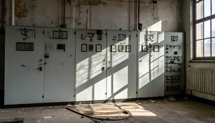 Abandoned Industrial Room with Shadow Patterns and Vintage Equipment