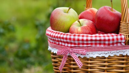 A basket filled with red apples on a grassy area.