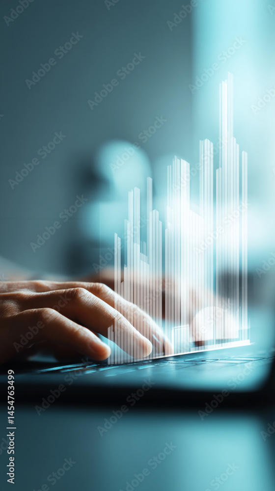 Poster close-up of hands interacting with laptop, overlaid with a bar graph visualization, suggesting data 