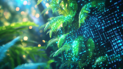surreal art piece blending nature and technology, with glowing plants and digital elements.