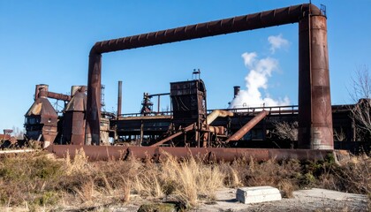 Abandoned Industrial Site with Rusty Structures and Smoke Stacks