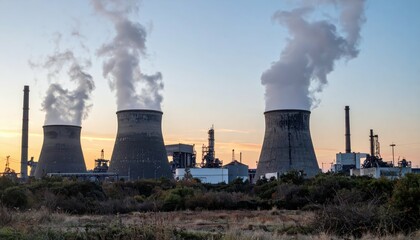 Cooling Towers Emitting Steam at Industrial Power Plant at Sunset
