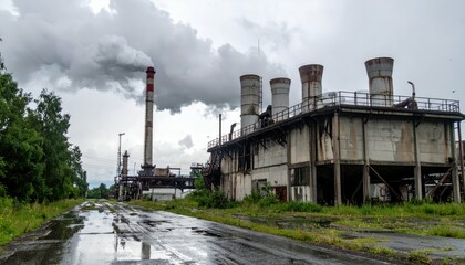 Obraz premium Abandoned Industrial Complex with Smokestacks on Overcast Day