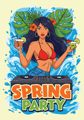 Adobe Illustrator Artwork Vibrant Spring party scene with a DJ, drinks, and a woman in a bikini against a colorful, flat vector background. Perfect for Spring holiday promotions