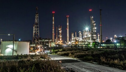 Fototapeta premium Nighttime View of Industrial Oil Refinery with Bright Lights and Stacks