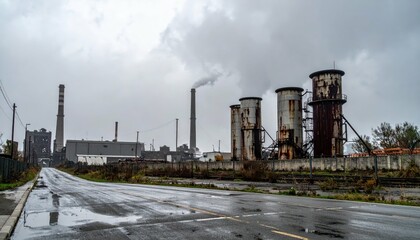 Obraz premium Industrial Landscape with Factories and Smokestacks on Rainy Day