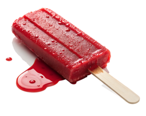 A close up of a red popsicle melting with a wooden stick on a white surface with some liquid around it