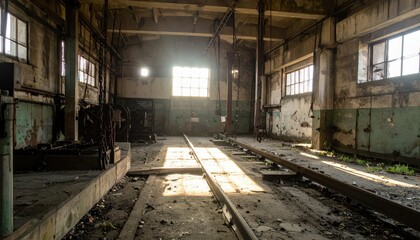 Abandoned Industrial Warehouse with Sunlight and Overgrown Floor