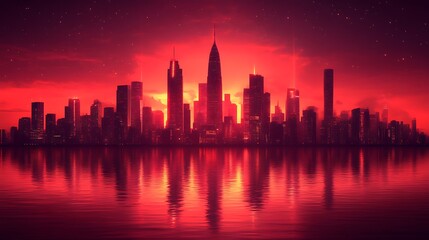 Obraz premium A stunning cityscape reflecting in calm water under a red sky