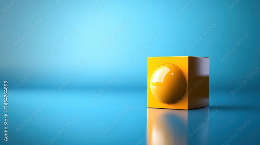 Poster 3d image of a yellow sphere or ball balanced at the edge of a cube geometric shape on a blue backgro