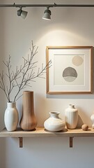 Minimalist shelf decor with elegant vases and framed art in soft lighting