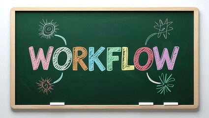 Educational classroom scene featu a green chalkboard with the word WORKFLOW written in colorful chalk surrounded by doodles and symbols representing process steps