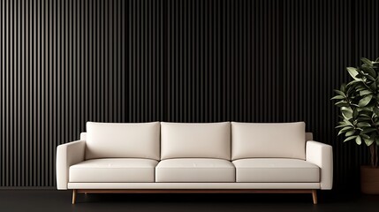 Modern cream-colored sofa with dark wooden slat wall and potted plant for luxurious interior design inspiration.