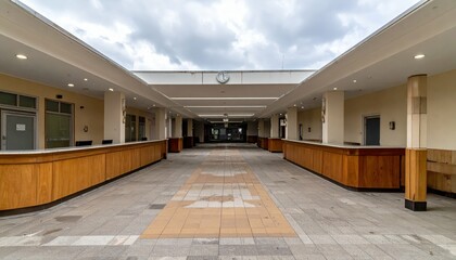 Obraz premium Abandoned Commercial Space with Empty Reception Area and Gray Sky