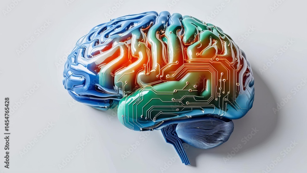 Poster highly detailed colorful artificial brain model with circuitry design showcasing advanced technology