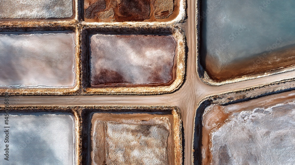 Poster aerial view of abstract salt farms with calming colors and patterns