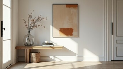 Minimalist living room interior with abstract painting, wooden table, and decorative vase
