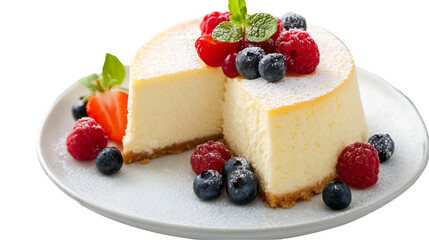 A cheesecake cut in half on a white plate with raspberries blueberries and mint garnish