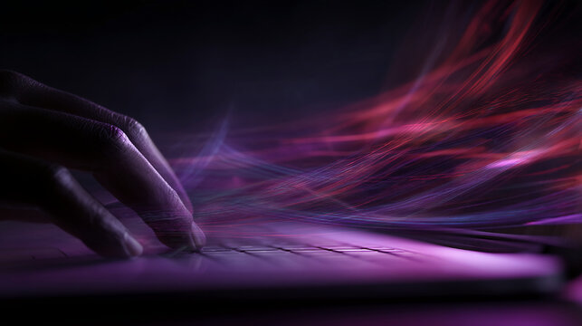 Hand interacts with laptop keyboard, purple light trails suggesting data flow, symbolizing digital connection and technological advancement