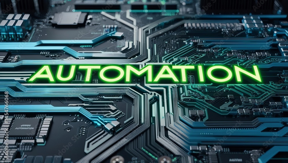 Poster digital circuitry with bright green automation text highlighting modern technology and electronic co