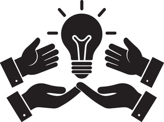 A minimalistic icon featuring hands surrounding a glowing light bulb represents innovation and teamwork. Perfect for business, teamwork, and collaborative concepts highlighting shared creativity ideas