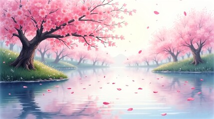 Naklejka premium Whispering Winds: Blossoms' Dance on Water