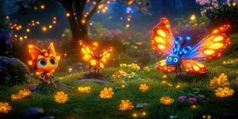 Illuminated creatures in a magical meadow.