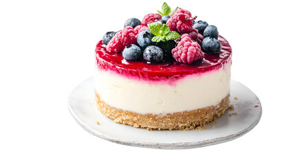 A delectable cheesecake topped with fresh raspberries and blueberries on a white plate view