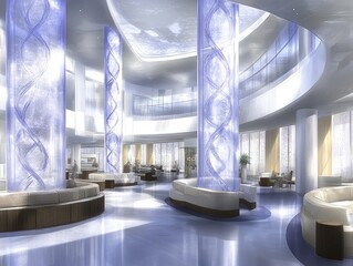 Interior design of a modern, airy hospital lobby.