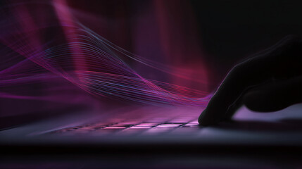 Abstract image of a finger interacting with a glowing laptop keyboard, purple and pink light streaks creating a dynamic, technological feel, suggesting digital interaction or innovation
