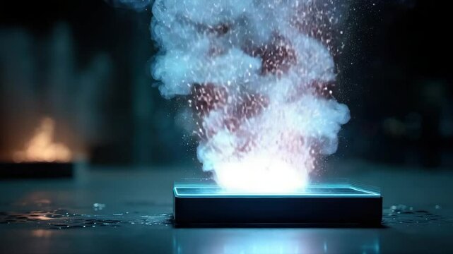 A glowing, square device erupts in vibrant, sparkling energy, surrounded by smoke and light