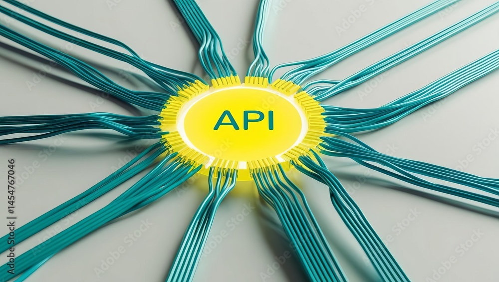 Poster close-up of a bright yellow circular api icon connected to multiple blue microcontroller cables radi