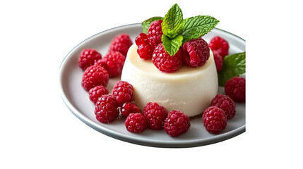 Panna cotta dessert with fresh raspberries and mint leaves on a gray plate, isolated view