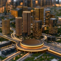 Futuristic Cityscape  Night View of Illuminated Skyscrapers and Highways