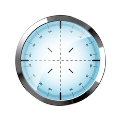 Chrome weapon sight, sniper rifle optical scope. Hunting gun viewfinder with crosshair. Aim, shooting mark symbol. Military target sign, silhouette. Game interface UI element. Vector illustration