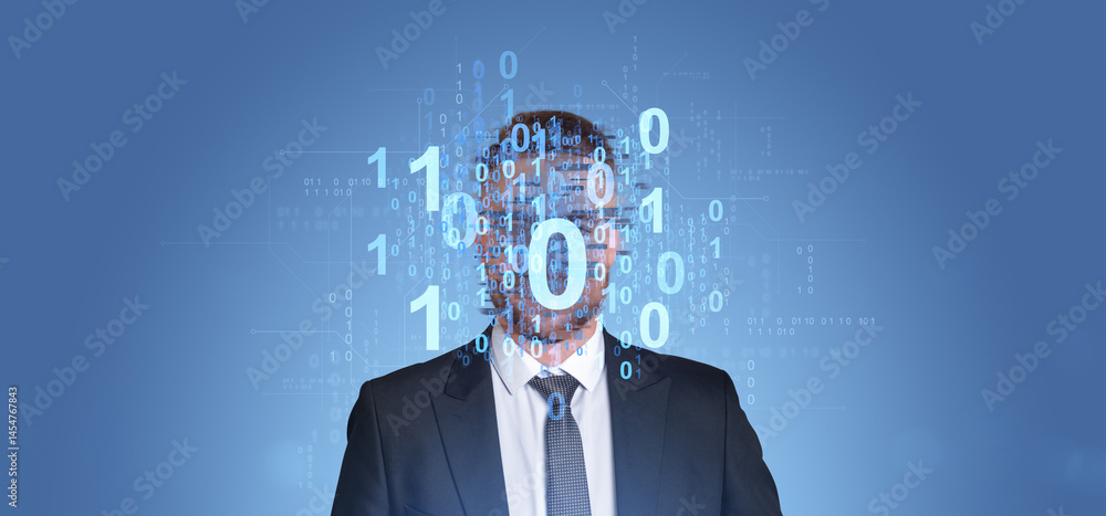 Poster businessman with binary code integrated into face symbolizing ar