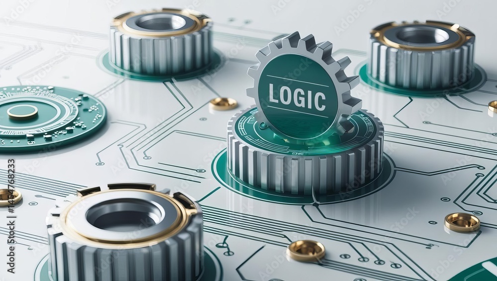 Poster close-up of electronic circuit board featu gears and a central gear labeled logic symbolizing techno