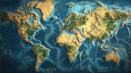 A highly detailed 3D-rendered physical world map showing continents and oceans with distinct textures and colors.