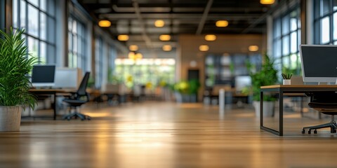 Empty open office space with desks, computers and plants during the daytime