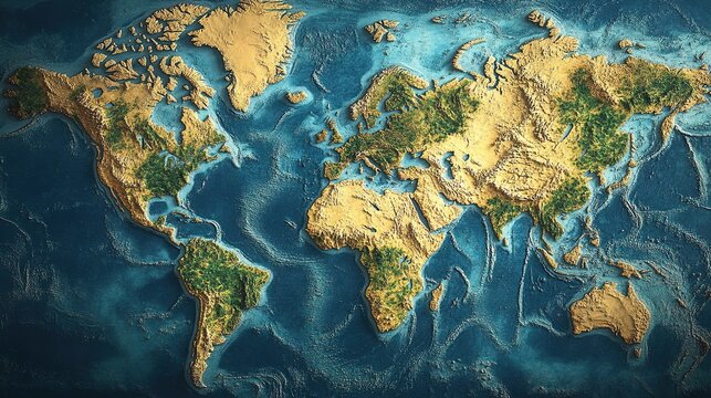 Fototapeta A highly detailed 3D-rendered physical world map showing continents and oceans with distinct textures and colors.