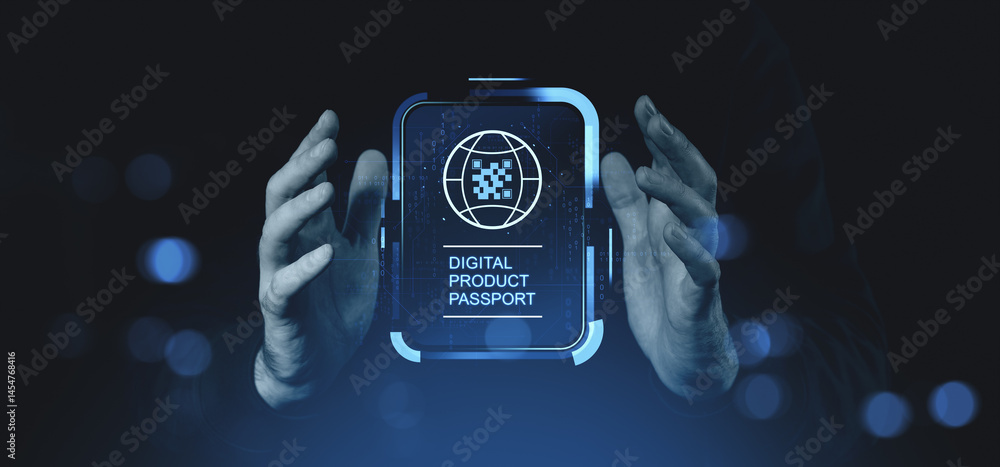 Poster hands presenting digital product passport icon with futuristic tech interface..